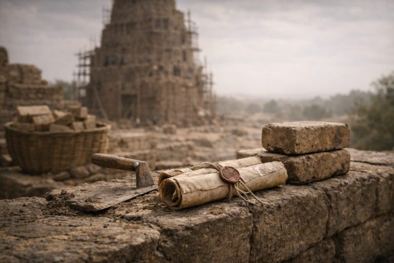 Genesis 11 Commentary - Featured Image - Ancient tower construction in progress