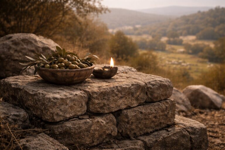Genesis 13 Commentary - Featured Image - Ancient altar with olive branches