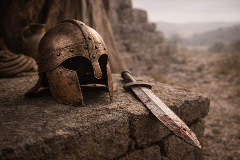 Genesis 14 Commentary - Featured Image - Ancient helmet and bloodied sword