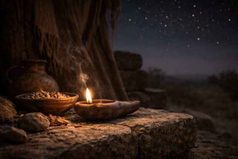 Genesis 15 Commentary - Featured Image - Glow of an ancient oil lamp