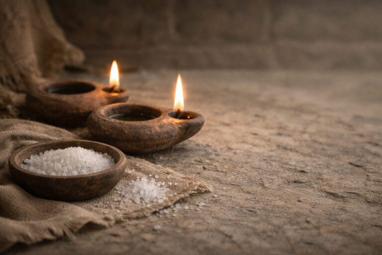 Genesis 19 Commentary - Featured Image - Rustic clay lamps and salt on linen