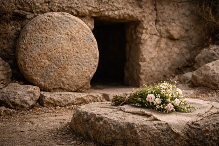 Genesis 23 Commentary - Featured Image - Ancient tomb entrance with flowers