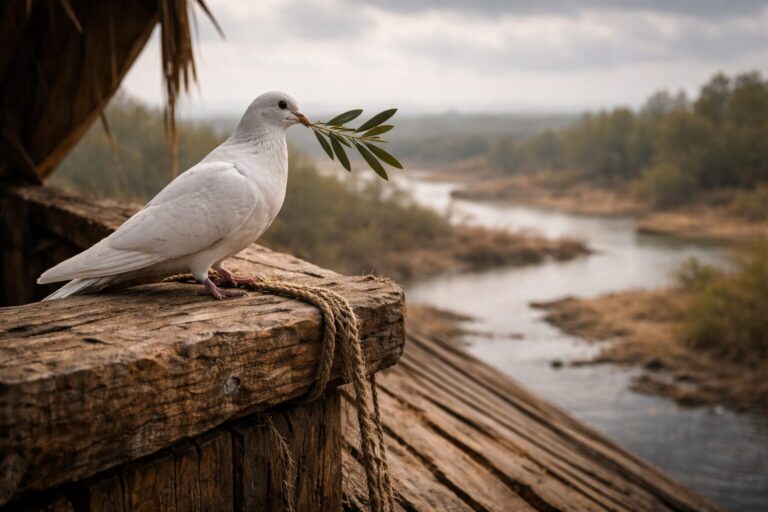 Genesis 8 Commentary - Featured Image - Dove with olive branch on ark