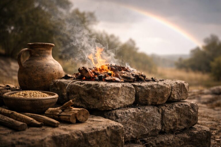 Genesis 9 Commentary - Featured Image - Ancient altar with burning offering