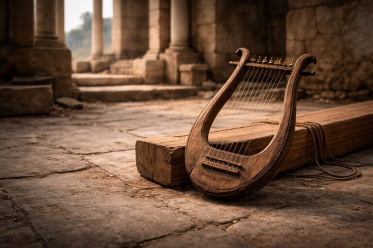 1 Chronicles Overview Commentary - Featured Image - Ancient lyre in temple ruins
