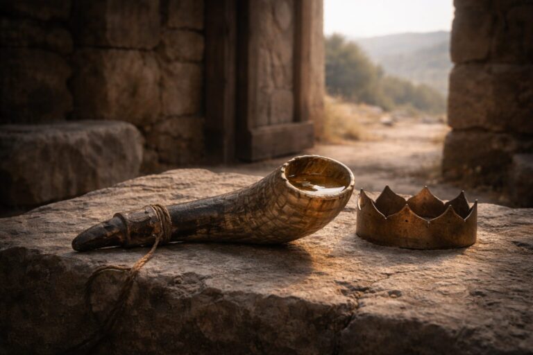 1 Samuel Overview Commentary - Featured Image - Ram's horn and bronze crown on stone