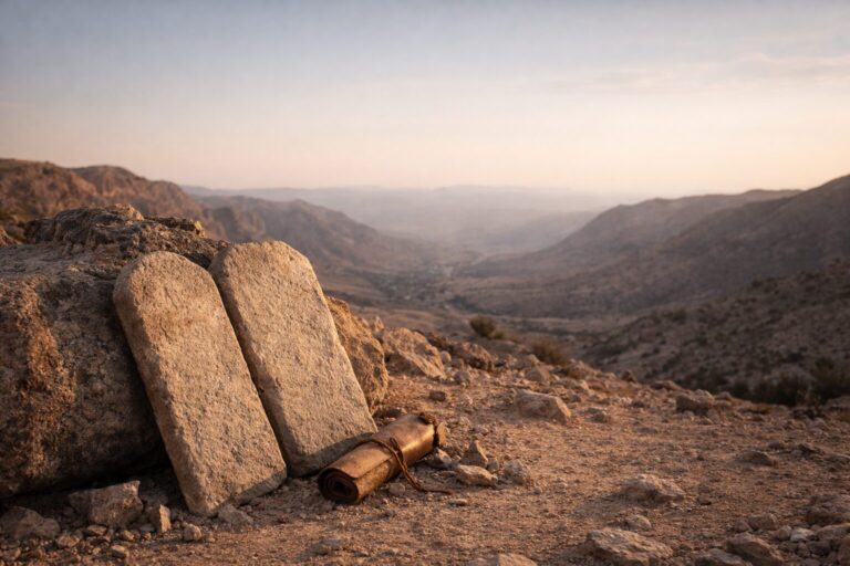 Deuteronomy Overview Commentary - Featured Image - Ancient tablets and scroll at sunset