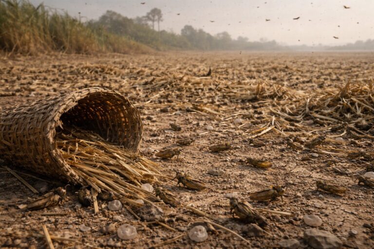 Exodus 10 Commentary - Featured Image - Locust swarm over barley field remnants