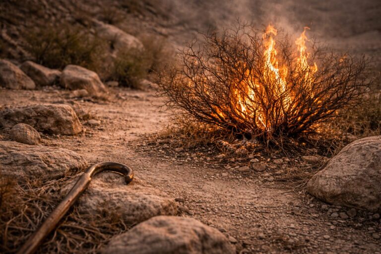 Exodus 3 Commentary - Featured Image - Burning bush in desert dusk