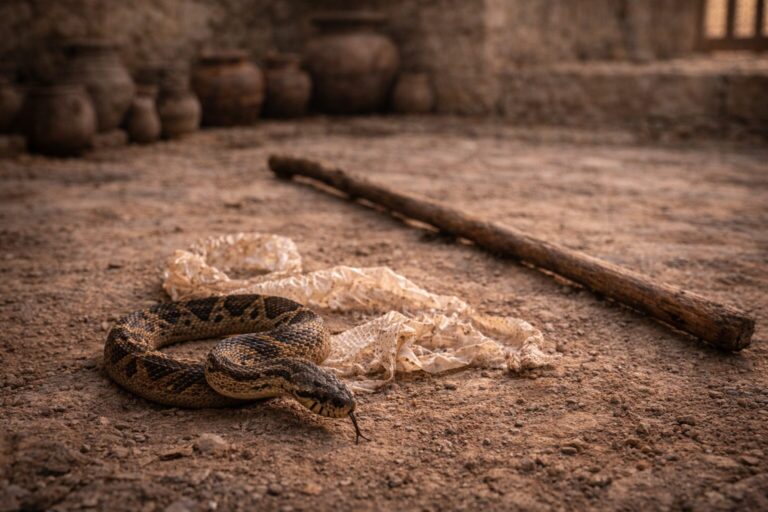 Exodus 4 Commentary - Featured Image - Serpent shedding skin on ancient stone