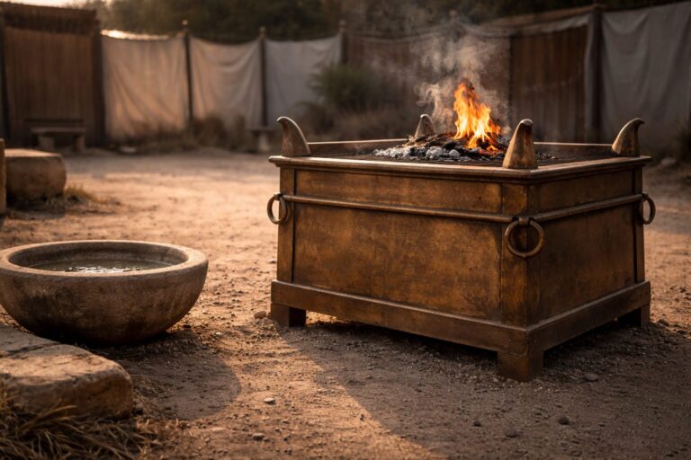 Leviticus Overview Commentary - Featured Image - Bronze altar and water basin at sunset