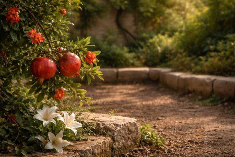 Song Of Solomon Overview Commentary - Featured Image - Sunlit garden with pomegranates and lilies