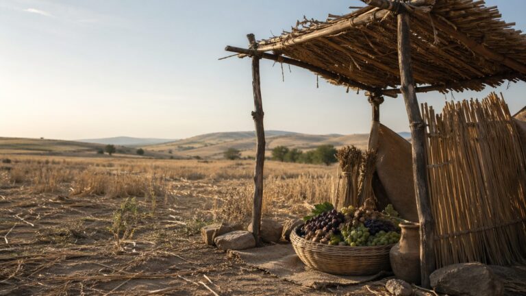 Deuteronomy 16 Commentary - Featured Image - Rural harvest scene with woven shelter