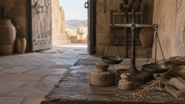 Deuteronomy 25 Commentary - Featured Image - Rustic scale in a sunlit courtyard