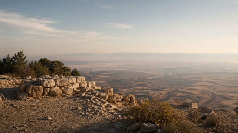 Deuteronomy 34 Commentary - Featured Image - Ancient ruins overlooking a hazy valley