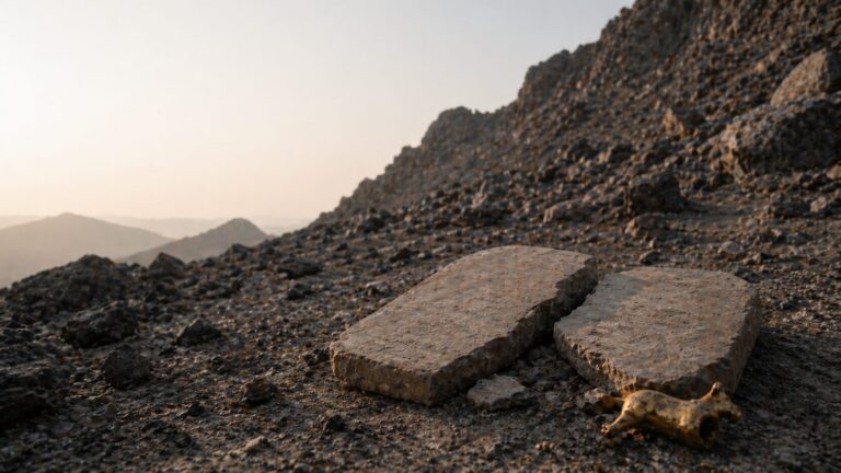 Deuteronomy 9 Commentary - Featured Image - Rugged terrain with broken stone and figurine