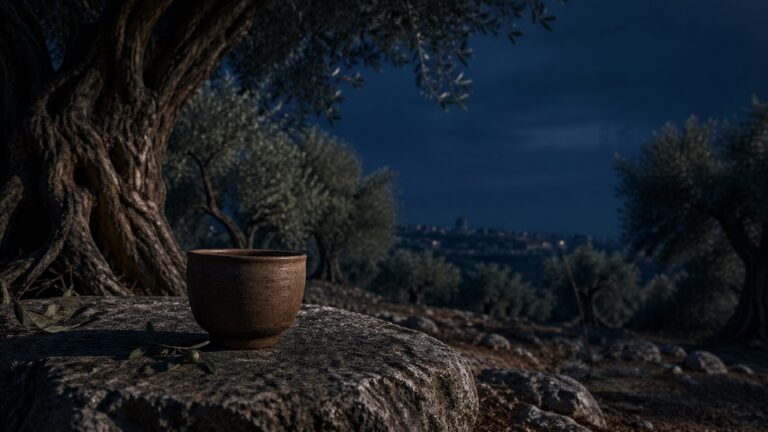 Mark 14 Commentary - Featured Image - Moonlit olive grove serenity