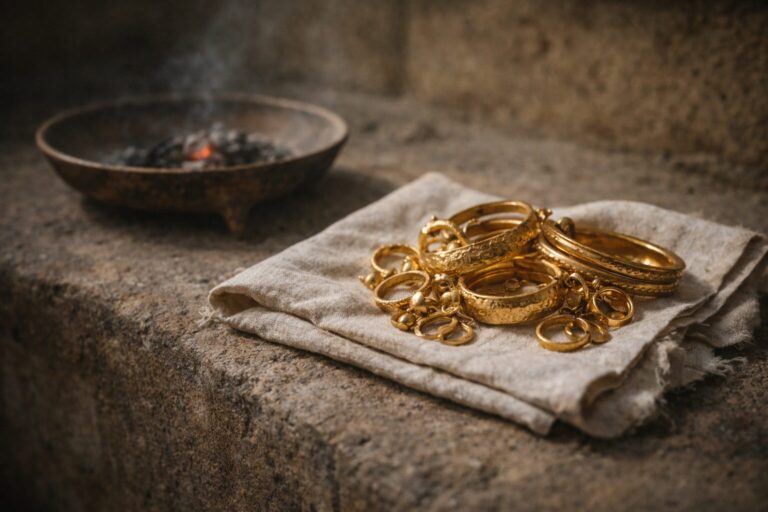 Numbers 31 Commentary - Featured Image - Ancient gold jewelry on linen cloth