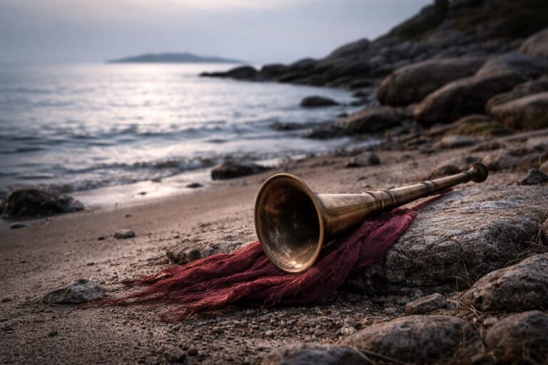 Revelation Overview Commentary - Featured Image - Ancient trumpet on rocky shore