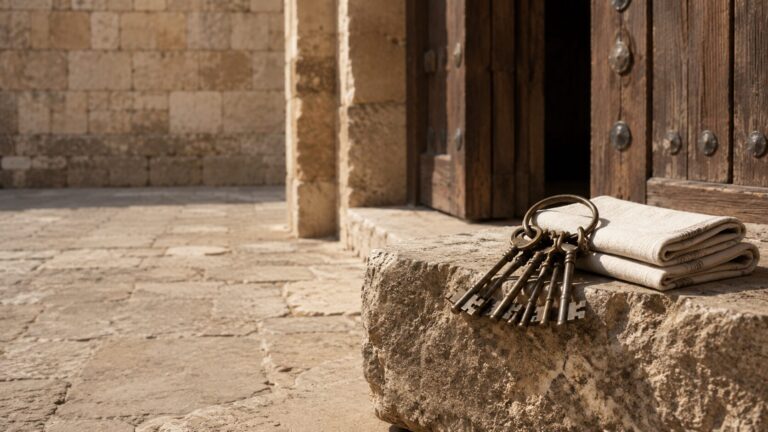 1 Chronicles 23 Commentary - Featured Image - Stone courtyard with keys and linen