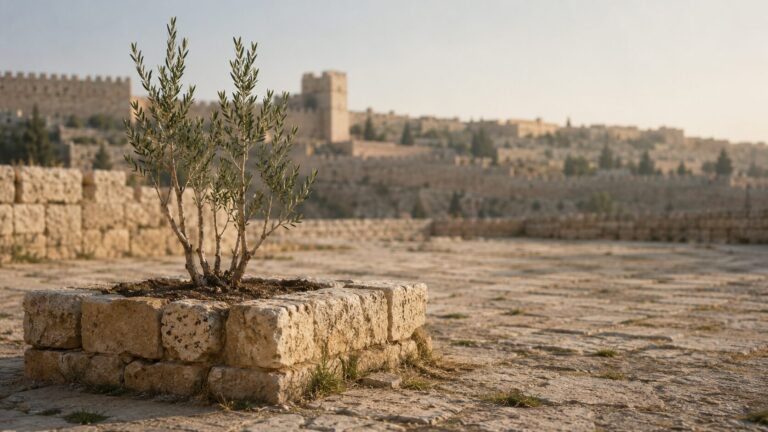 1 Chronicles 3 Commentary - Featured Image - Ancient stone courtyard with olive tree