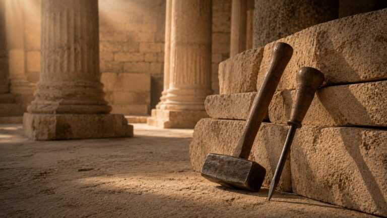 2 Chronicles 3 Commentary - Featured Image - Ancient temple ruins with artisan tools