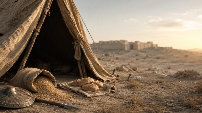 2 Kings 7 Commentary - Featured Image - Ancient camp at dawn's light