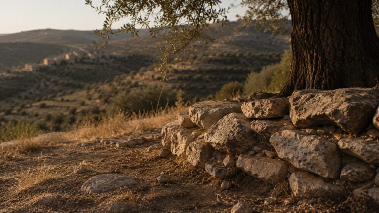 2 Samuel 14 Commentary - Featured Image - Serene hillside with stone wall and tree