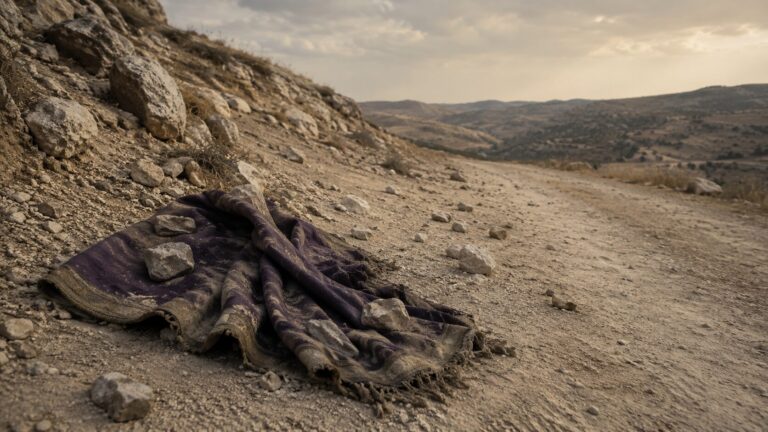 2 Samuel 16 Commentary - Featured Image - Abandoned cloak in a rugged desert landscape