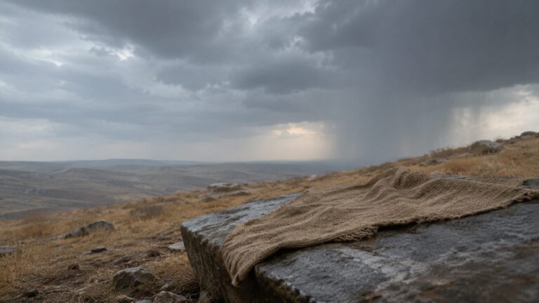 2 Samuel 21 Commentary - Featured Image - Stormy hillside with burlap draped rock
