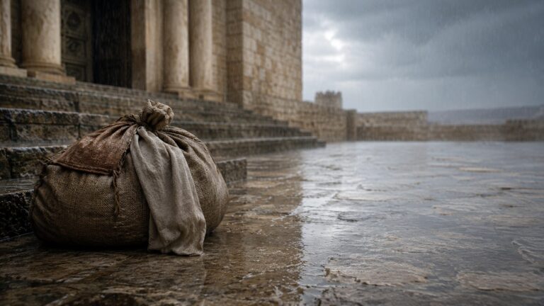 Ezra 10 Commentary - Featured Image - Rain-soaked courtyard and ancient architecture