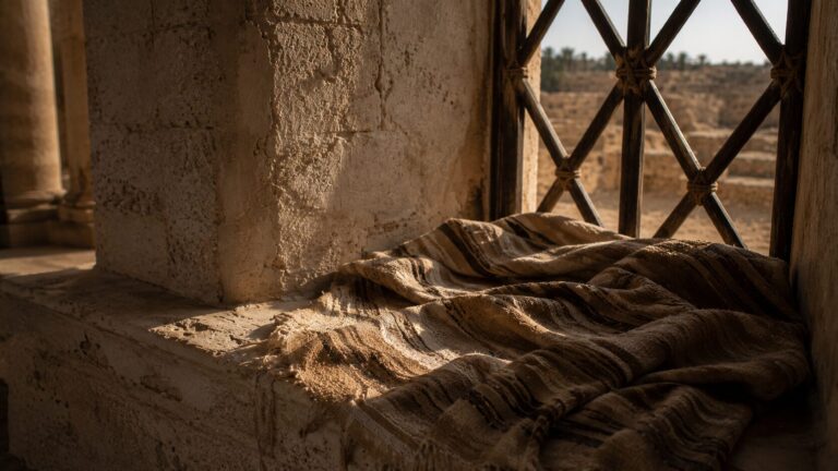 Ezra 9 Commentary - Featured Image - Rustic sunlit interior with woven cloth