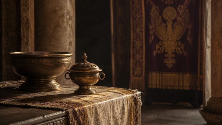 Hebrews 9 Commentary - Featured Image - Sacred bronze vessels in warm light