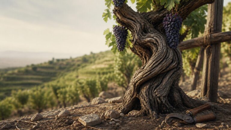 John 15 Commentary - Featured Image - Gnarled vine with distant vineyard backdrop