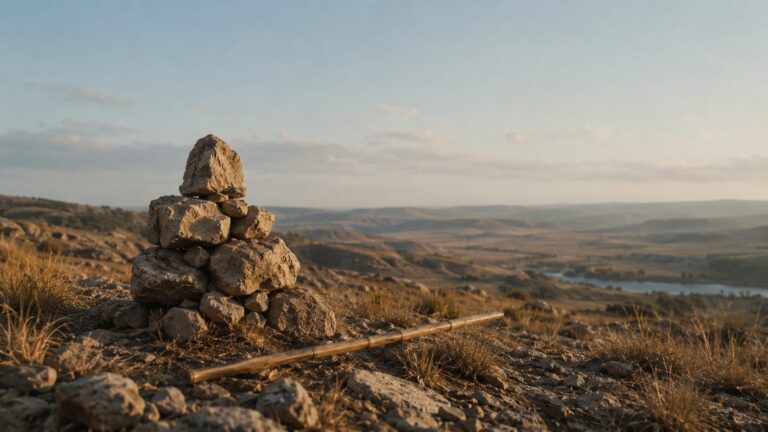 Joshua 13 Commentary - Featured Image - Rock cairn in rugged landscape