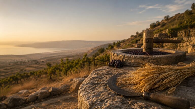 Revelation 14 Commentary - Featured Image - Golden hour harvest by the vineyard
