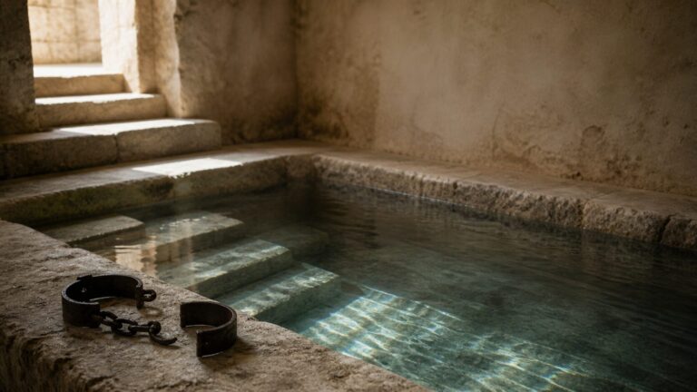 Romans 6 Commentary - Featured Image - Ancient pool with rusted shackle