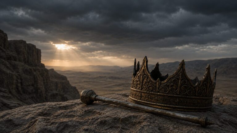 Isaiah 14 Commentary - Featured Image - Abandoned crown and scepter in stormy landscape