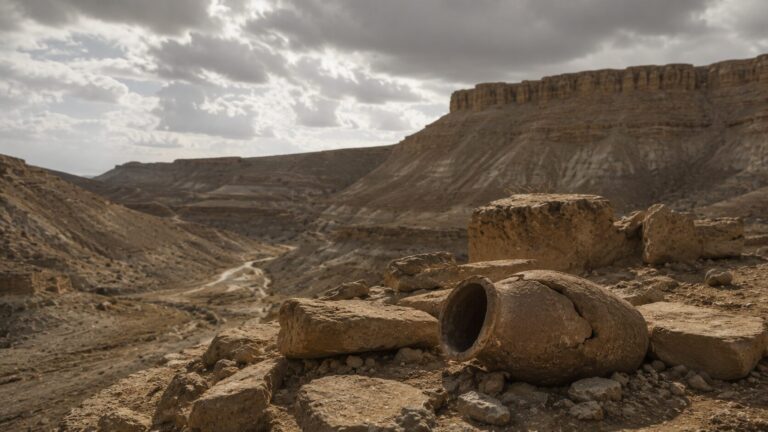 Isaiah 15 Commentary - Featured Image - Desert canyon with ruins and cloudy skies