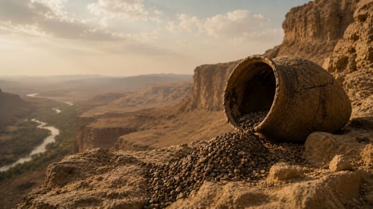 Isaiah 18 Commentary - Featured Image - Ancient jar spilling stones in canyon
