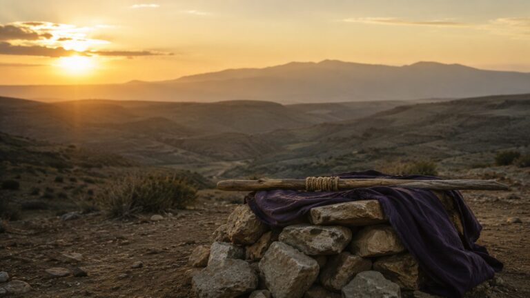 Isaiah 9 Commentary - Featured Image - Rock cairn with cloth at sunset