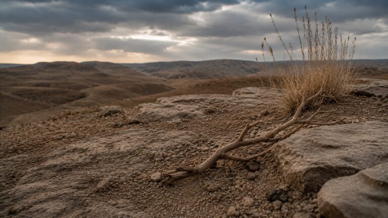 Job 14 Commentary - Featured Image - Barren desert landscape with dry vegetation
