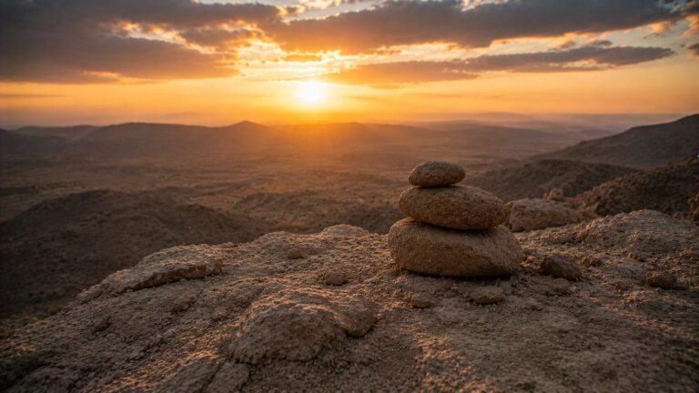 Job 23 Commentary - Featured Image - Desert sunrise with stone cairn