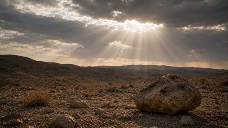 Job 26 Commentary - Featured Image - Dramatic desert landscape with sunlight beams
