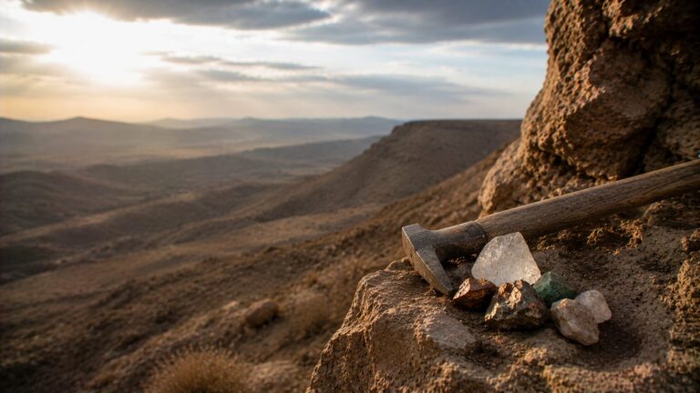 Job 28 Commentary - Featured Image - Mining tools and crystal in desert landscape