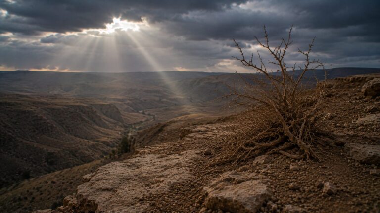Job 36 Commentary - Featured Image - Stormy desert canyon with sunbeams