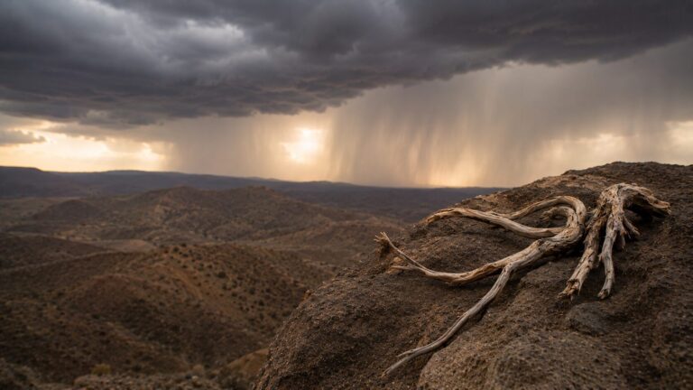 Job 37 Commentary - Featured Image - Stormy desert canyon with driftwood