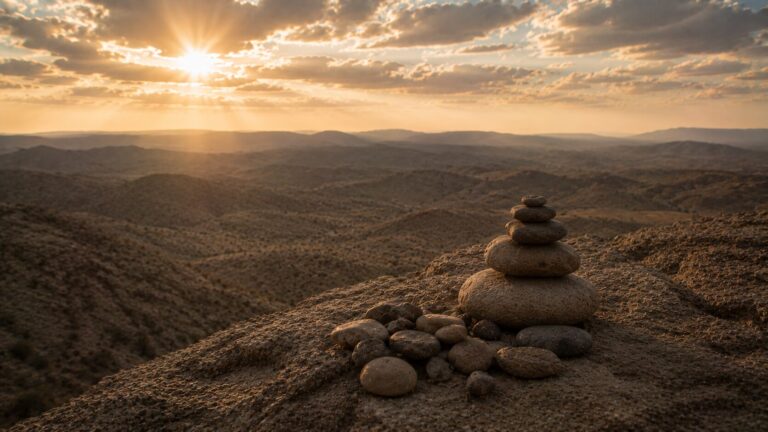 Job 42 Commentary - Featured Image - Golden hour over desert cairn scene