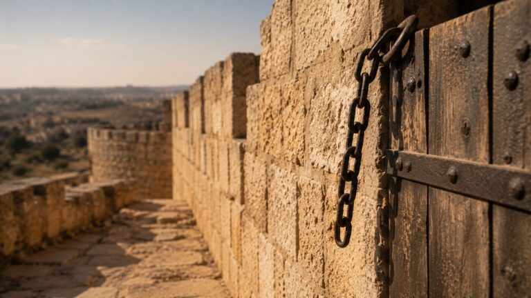Nehemiah 6 Commentary - Featured Image - Sunlit medieval fortress gate and wall