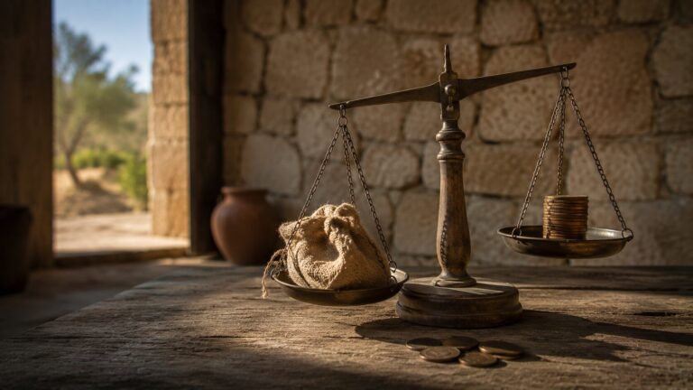 Proverbs 12 Commentary - Featured Image - Rustic balance scale with coins and pouch